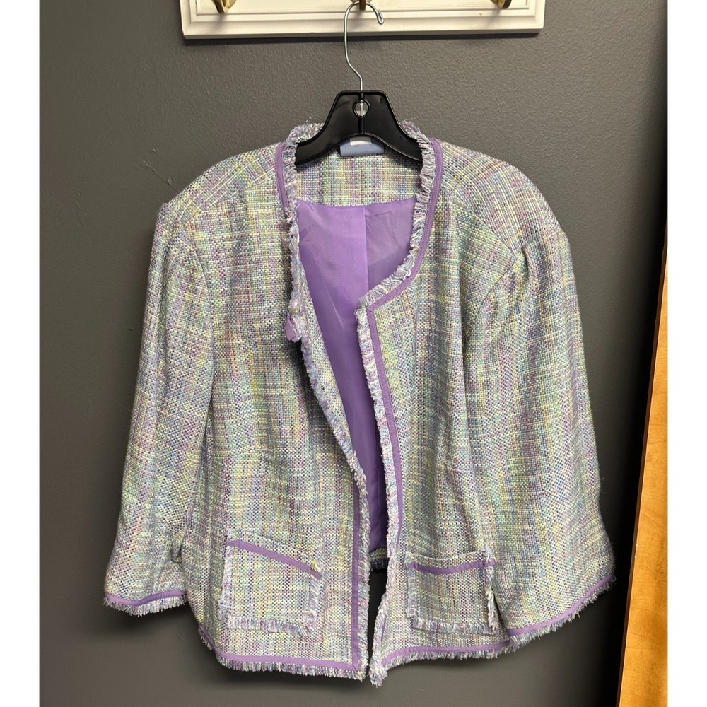 Notches Womens Size 2x Tweed Career Blazer Jacket 90s Purple Multicolor Fringe